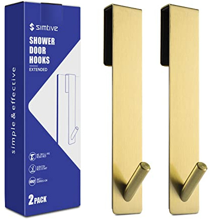 Simtive Utökade duschdörrkrokar (18 cm), dörrkrokar för badrum ramlös glasduschdörr, handdukskrokar, 2-pack, guld