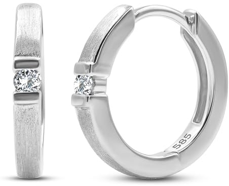 Creolen 585 750 Echtgold 13 mm - 2 Diamanten je 0.06 Ct - Damen Ohrringe in 14, 18 k Weißgold, Gelbgold, Roségold - Schmuck mit Geschenkbox