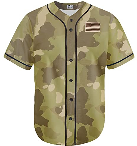 Pullonsy American Flag Plain Baseball Jerseys Tees for Men Full Button Down Memorial Day,Camo-Black Stripe Plain,Size XL