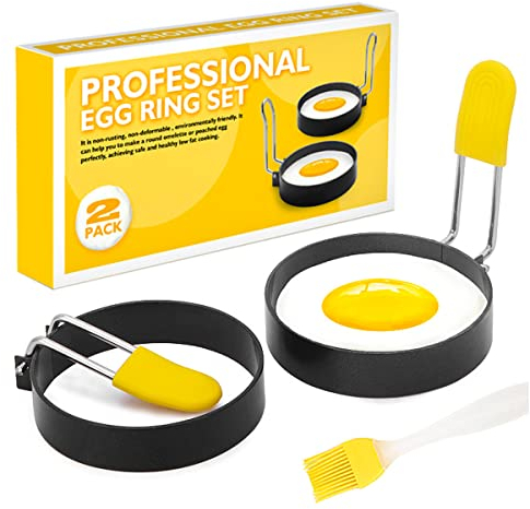 Tuxiaobu Eierring, Edelstahl-Eierringe, mit Verbrühungsschutzgriff mit Ölpinsel für Spiegelei-Sandwiches, Braten oder Formen von Eierformern, Haushalts-Küchenform-Werkzeug, 2er-Pack + Ölpinsel (rund)