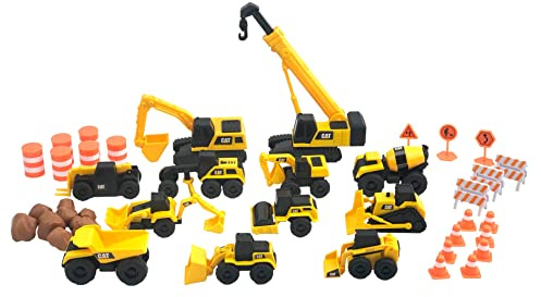 CAT Construction Toys, Little Machines Mega Set – 40+ Pieces with XL Crane & Excavator, 10 Mini Vehicles, Road Signs, Cones, Boulders & Barricades, Indoor/Outdoor STEM Toy for Kids Ages 3 +