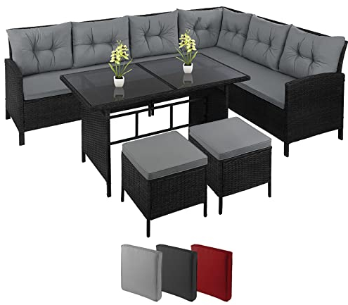 Montafox Poly Rattan Ecklounge 7 Personen Eckbank Tisch 2 Hocker Sitzkissen 5cm Gartengarnitur Sitzgruppe Ecksofa Terrasse Sitzecke Eckgarnitur Garten Wintergarten, Farbe:Kieselstrand
