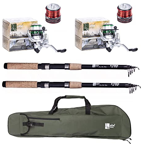 Zite Fishing Angelset Forellen Angeln / 2 Teleskopruten 2,40m / 2 Angelrollen mit Schnur Bespult + Alu-Ersatzspulen / 1 Angelruten Rutentasche 100cm