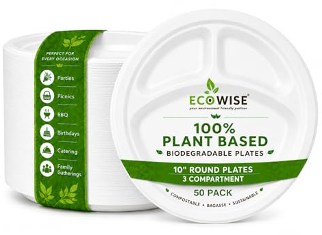 Best House Strong Bagasse Plates Biodegradable & Compostable Dinner Party Plates 10 Inch 3 compartments - Sugarcane Plates Made of Sugarcane Perfect for Everyday USE Party Picnic BBQ (Pack of 50)
