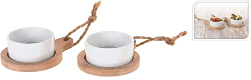 OrionMart Set of 2 Dip Bowls with Wooden Serving Trays Round | Ceramic Snack Serving Set- Dip Bowls Mini Bowls for Appetizer & Dressings – Single Serving Dessert Dishes