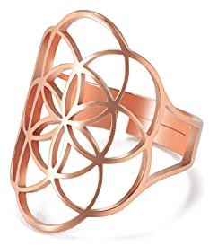 Amaxer Ring mit Blume des Lebens, Mandala, heilige Geometrie, Statement, ausgehöhlt, verstellbarer Bandring, Schmuck für Frauen, Edelstahl