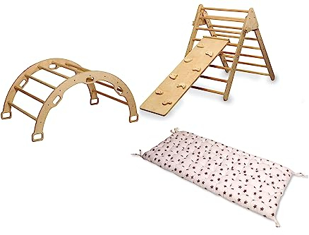 Montessori Kletterset | Kletterdreieck Kletterbogen & Felswand Rampe | Kletterbogen mit Kissen | Holz Kletterset mit Kissen | Klettergerüst Set mit Rampe und Kissen (Star)