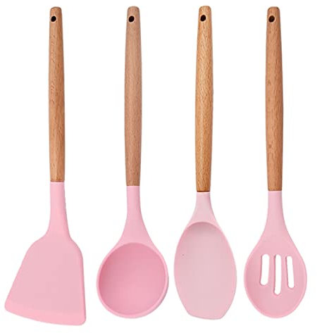 Juego de utensilios de cocina de silicona, utensilios de cocina antiadherentes, mango de madera, utensilios de cocina para hornear, color rosa, 4 unidades B