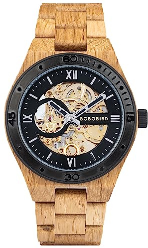 BOBO BIRD Herren-Holzuhren, Skelett, mechanische Holzuhr, leicht, Luxus-Armbanduhren mit Naturholzband, limitierte Edition-Kollektion für Herren, Schwarz, Modischer Klassiker
