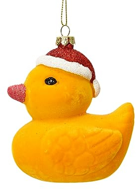 Kaemingk Christbaumschmuck Kunststoff 9cm Ente mit Weihnachtsmütze Weihnachtskugeln - Gelb