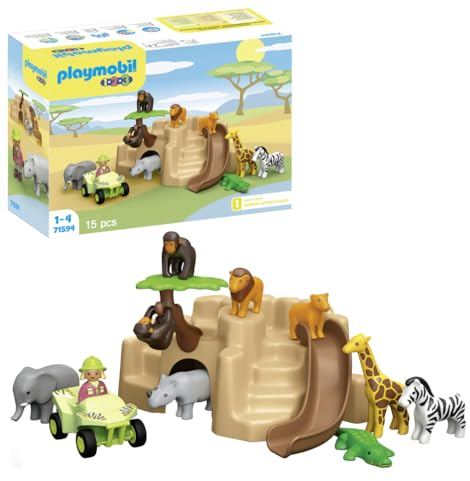 PLAYMOBIL 1.2.3 71594 Wildtier Abenteuer, vielfältiges Spielset mit verschiedenen Tieren, Quad und Rutsche, Lernspielzeug für Kleinkinder, Spielzeug für Kinder ab 12 Monaten [Exklusiv bei Amazon]