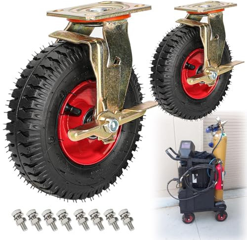 SAGIDAR Lenkrolle Gummi Transportrollen, 2 Stück Schubkarrenreifen Pannensichere, Luftbereift Vakuum Mit Bremse, Durchmesser 200/250 Mm, Industriell Rad, Geräuschlose Schwerlast Rollen