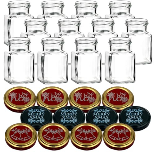 gouveo 12er Set Einmachgläser 150 ml (0,15 l) Einmachglas 150 ml eckig Twist-Off Schraubdeckel TO 53 mit weihnachtlichen Motiv-Deckeln, Klarglas, Portionsgläser, Marmeladengläser (PACKCODE)