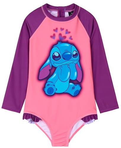 Disney Girls One Piece Swimsuit, Long Sleeve Swimming Costume - Girls Gifts (Pink Stitch, 3-4 Years)