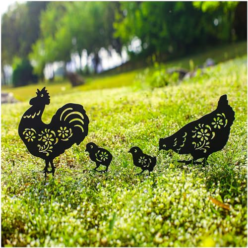 EZTZEN Chicken Metal Garden Stakes Decorative,Chicken Gifts for Women/Men/Chicken Lovers Gifts,Black Chicken Silhouette Statues Garden Decor for Outside,Outdoor Decor,Yard Art,Patio,Lawn Ornaments