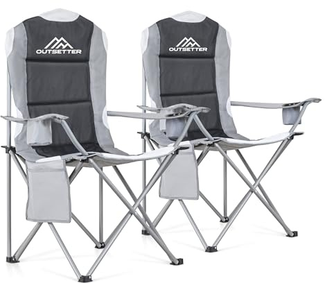 2 Pack Camping Chair,Premium Padded Folding Camping Chair, Outdoor Seats with High Back & Cup Holder & Side Pockets,Waterproof Chair 120kg Weight Capacity for Garden Picnic Beach Directors(Grey)