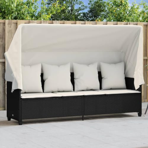 Festnight Gartensofa mit Liegefunktion und Dach 3 Sitzer Sonnenliege Gartenliege Balkon Sofa Liege Relaxliege Outdoor Loungebett Liegesofa Gartenbett Rattansofa Balkonmöbel Sonnendach Schwarz