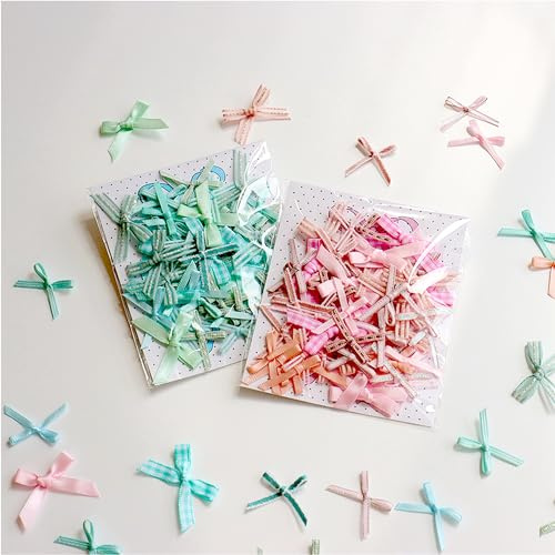 Hezhou 100 Stück Mini Bandschleifen Mini Satinband Schleifen Doppelseitige Kariertes Bogen Schleifen aus Satinband Farbe mini Band Bowtie für Nähen, Scrapbooking, Hochzeit Deko (Rosa Blau)