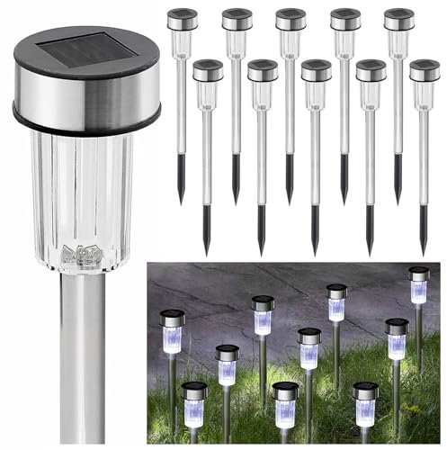 GEEZY 10-Piece Solar Lights Outdoor - Waterproof Stainless Steel Garden Stake Lights with Bright LED, Rechargeable Solar Path Light for Patio, Pathway, Lawn, Yard Landscape Illumination