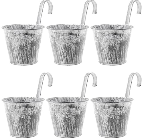 HEIYUET 6er Set Klein Hängetöpfe Vintage, Metall Hängetöpfe Balkon Blumentöpfe zum Aufhängen, Blumentopf zum Einhängen mit Haken für Außen innen Balkon Dekoration Garten Zaun