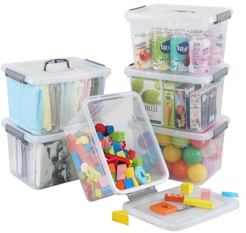 Udotry 12 Litre Clear Plastic Storage Box with Lids & Handle, 6-Pack, Grey | Kitchen Organizer Containers with Latching Buckle