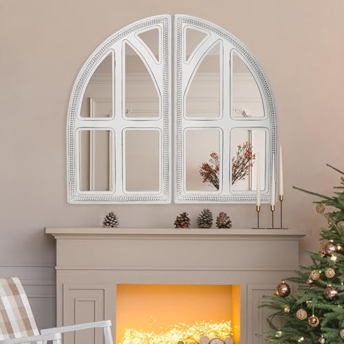 HOITUZYUS 2 espejos decorativos para ventana de madera, espejo de pared arqueado, espejos de madera para decoración de pared, entrada, sala de estar, baño, dormitorio, 15 x 27 pulgadas