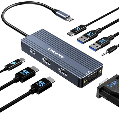 ANYOYO USB C Docking Station Dual HDMI 4K@60HZ, 8 in 1 Docking Station Triple Display Dual 4K60HZ HDMI and 1080P VGA, 5Gbps,PD 100W for MacBook,Dell XPS,HP, Lenovo (Silver)