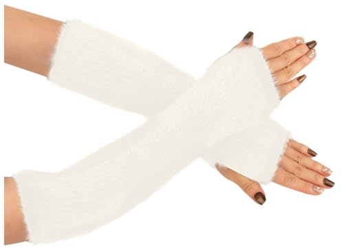 TIMIYUYU Winter Plüsch Handschuhe für Damen Fingerlose Armstulpen Dicke Plüsch Lang Handwärmer Stulpen Warm Plüsch Handschuhe Pluswärmer Handstulpen Armwärmer Stulpen für Damen (White, One Size)