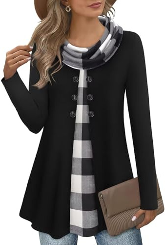 GUUKA Women Casual Long Sleeve 2 in 1 Jumpers Sweatshirt Ladies Cowl Neck Fall Pullover Winter Sweaters Tunic Tops with Buttons for UK(Black and White,L)