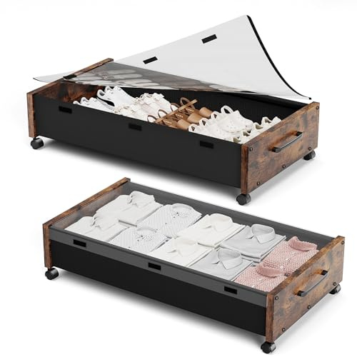 KITHELP Wooden Under Bed Storage with Wheels, Rolling Under the Bed Storage Bins with Removable Lid, Metal Under Bed Drawers for Clothes and Shoes in Bedroom or Living Room(Vintage Brown-2pack)