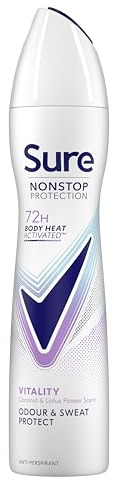 Sure Women Nonstop Protection Vitality Deodorant Body Spray Antiperspirant with a coconut & lotus flower scent, body heat activated technology for 72 hour odour and sweat protection 250 ml, Pack of 6