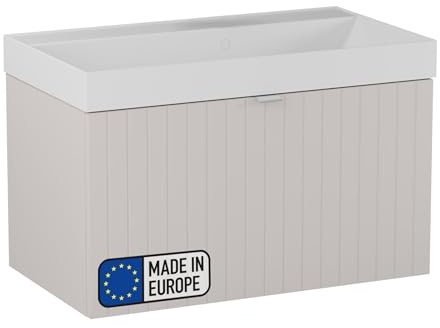 BadeDu Esla Waschbecken mit Unterschrank – 79 cm Breit, Gussmarmor Waschbecken in Weiß mit Waschbeckenunterschrank in Grau, 2 Schubladen mit Soft-Close-System