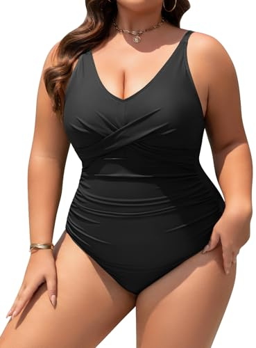 Vijamiy Costume Intero Donna Taglie Forti Sexy Scollo a V Push Up Costumi da Bagno Imbottito Reggiseno Curvy Swimwear Piscina Moda a Blocchi di Colore L-4XL(Nero,4XL)