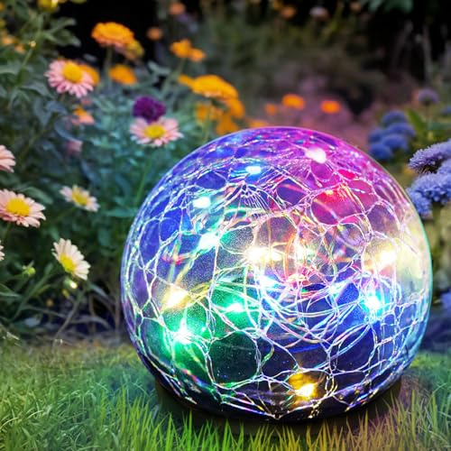 Anordsem Solarlampen für Außen Kugel Gartendeko: 12 cm Glaskugel-Lampe mit Sprung - Wetterfest LED Leuchtkugel für Draußen Balkon Terrasse Grabschmuck - Geschenke Weihnachtsdeko für Frauen