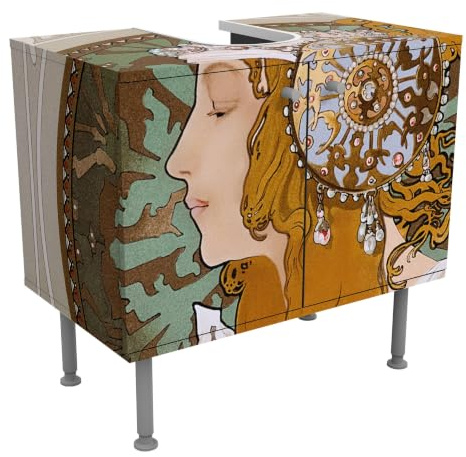 micasia Waschbeckenunterschrank 2 Türen Kunst höhenverstellbar mit Füßen - 60er Breite - originell Retro Vintage Unterschrank beige Bad Gäste WC Möbel mit Motiv 1733