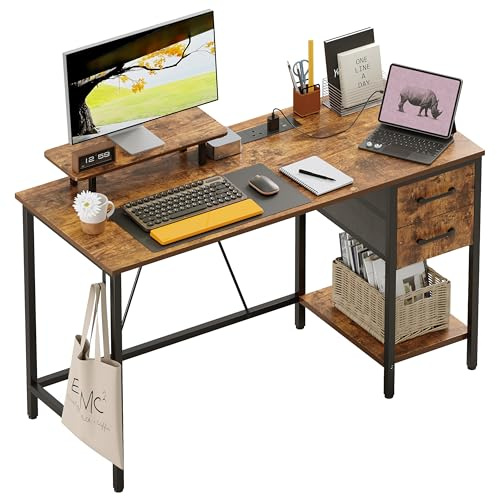 Xyphren 100cm Computer Desk with Drawers & Power Outlets, Office Desk with Storage Monitor Stand, Reversible Small Desks for Home Office Bedroom, Brown
