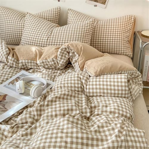 AShanlan Bettwäsche 155x220 Beige Kariert Bettbezug und Kissenbezug 80x80cm | Wendebettwäsche Set mit Reißverschluss, ÖkoTex Bettwäsche-Sets, Microfaser, Karomuster, Modern