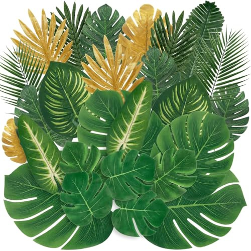 BEJAGWUS 66 Stück Künstliche Pflanzen Dschungel Deko mit Künstlich Monstera Blätter Palmenblätte,Kunstpflanze Fake Plant Deko für Hawaii Party, Poolparty, Sommer Geburtstag Party,Beach Party