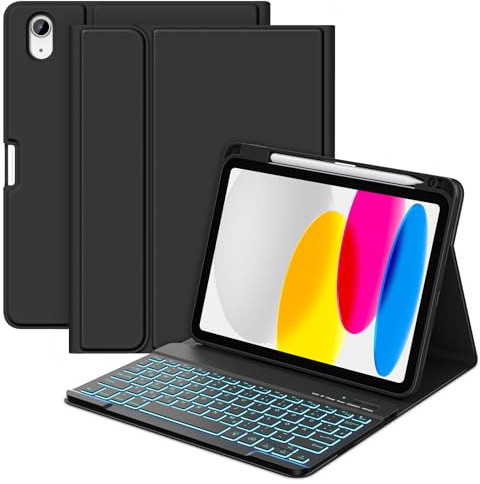 MMK Hülle mit Tastatur für iPad A16 11 Gen 11 2025/10 Gen 10.9 2022 | 7-Farben Beleuchtung, Abnehmbare Kabellose Bluetooth Tastatur Schutzhülle mit Stifthalter, QWERTZ-Layout, Schwarz