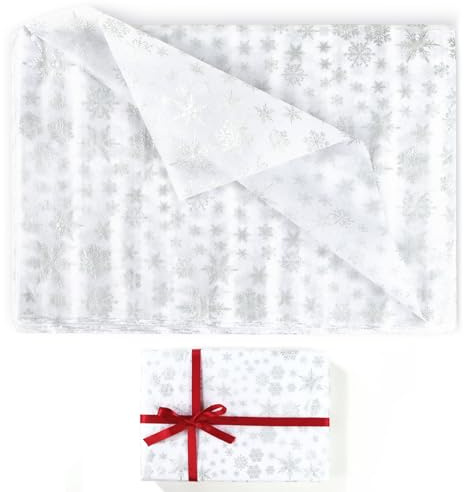 20 Fogli Carta Velina Natalizia Argento Fiocco di Neve 50×70cm, Carta Velina Fantasia per Imballaggio Confezioni Regalo Decorazioni