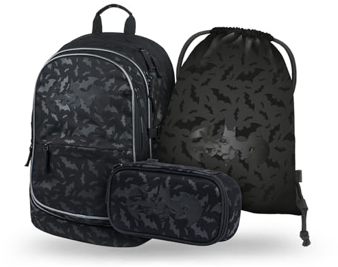 Baagl Schulrucksack Set Jungen Mädchen 3 Teilig - Batman Black | Ergonomischer Schulranzen und Schultasche für Grundschule Volksschule als Ranzen mit Brustgurt aus dem CORE Set.