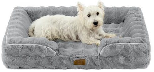 COZY KISS Kunstfell Orthopädisches Hundebett Waschbar für Große Hunde | Weiches Hundesofa mit Erhöhter Rand, Rutschfest Hundecouch mit Wasserdichte Abnehmbar Bezug, 91x69cm, Grau