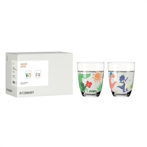 RITZENHOFF 8361002 Wasserglas 200ml, 2er Set – Kindergläser mit buntem Dino-Design & fröhlichem Tier-Motiv – Made in Germany