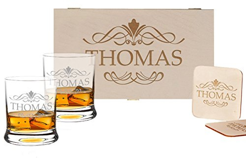 polar-effekt 5-TLG Whisky Geschenk-Set - 2 Leonardo Whiskygläser, 2 Untersetzer in Holzbox - Individueles Geschenkidee für Männer und Frauen - Personalisiert mit Gravur - Ornament