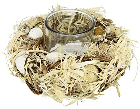 Windlicht aus Naturmaterialien mit Eier Federn und Glaseinsatz Deko Kranz mit Blüten Teelichthalter Dekokranz Kerzenhalter Frühlingskranz Teelichtkranz Tischdeko Frühjahr Ostern