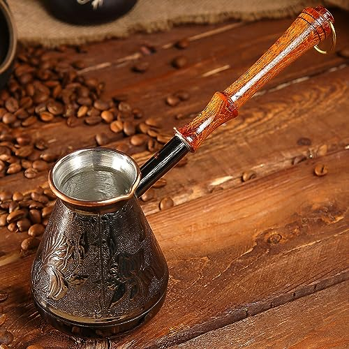 AEVVV Cafetière turque en cuivre de 300 ml – Cezve Ibrik – Décoration vintage gravée – Cafetière grecque briki avec poignée en bois