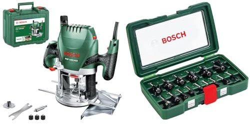 Bosch Oberfräse POF 1400 ACE (3 x Spannzange, Fräser, Parallelanschlag, Absaugadapter, Koffer) + 15tlg. Hartmetall Fräser Set (für Holz, 1/4 Zoll Schaft)