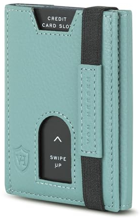 VON HEESEN Slim Wallet mit Münzfach & RFID-Schutz - Leder Geldbeutel - Mini Geldbörse für Herren und Damen - Kartenetui Echtleder Karten Portemonnaie klein - Kreditkartenetui Türkis Silver Pine