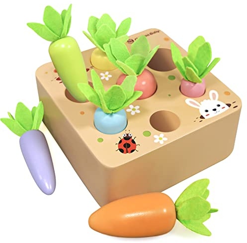 Montessori Toys for 1 2 3 Year Old Toddlers | Wooden Carrot Harvest Game | Kids Learning Educational Shape Sorting Toy for Toddler Boys and Girls, One 1st First Birthday Easter Gifts for Babies 1-3