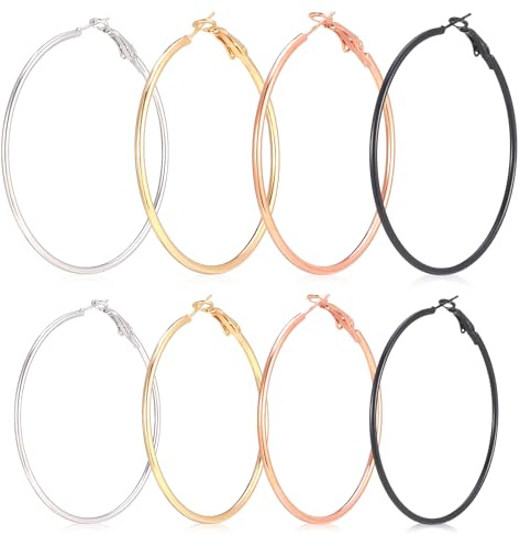 FANTESI Lot de 8 paires de grandes boucles d'oreilles créoles en acier inoxydable plaqué or rose, argent, noir, pour femmes et filles